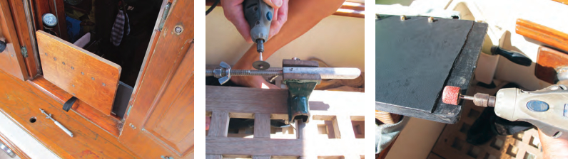 With the support strut released, the seat folds down for quick stowage, at left. Grinding the groove in the support rod takes patience, center, and safety glasses are essential. A Dremel tool and sanding drums can be used instead of a router to trim the edges of the hatchboard, at right.