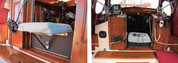 The cushion makes standing (sitting?) a watch so much more comfortable, at left, and the watchkeepers’s essentials are close at hand, at right.