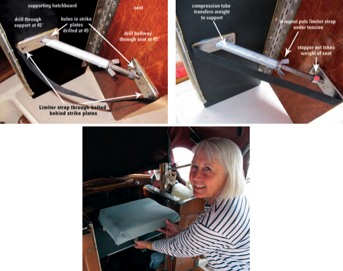 The Maestro seat is easy to set up: insert the support rod into the holes in the striker plates, at left, and spin up the wingnut against the compression tube until the limiting strap is taut, at right. Fit the seat support into the hatchboard track, below, and get ready to sit your watch.