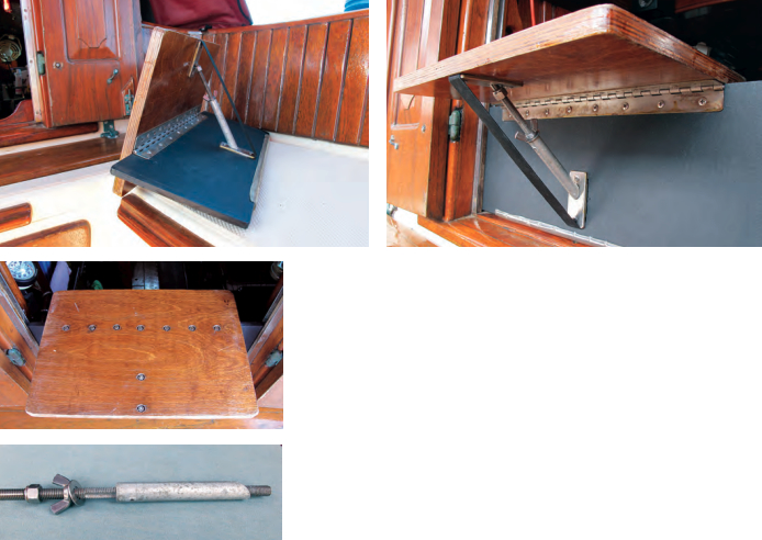 Ed hinged the seat off-center to leave room forward of it for standing on the ladder, top left. To ensure the seat was smooth, Ed countersunk all the nuts and cut the bolts flush with the nuts, left center. The support-rod assembly is made up of a threaded rod, compression tube, stopper nut, and a tensioning wingnut, bottom left. With the support rod in place and the limiting strap taut, the seat is ready for use, top right.