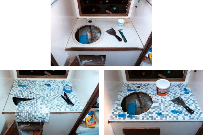 After removing the sink and the water pump, center, Cliff cleaned the countertop. He laid the sheets of mosaic on the counter, at left, marked from beneath the cutouts for the sink and pump, and cut the scrim to remove the tiles. The final steps were to glue and grout the tiles, at right.