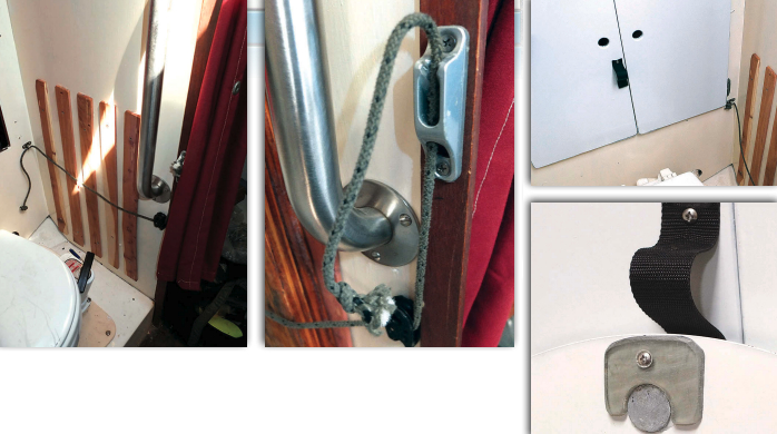 Cliff used cedar strips to protect the new paint on the head bulkhead where he stores the hatchboards, above left. He secures the boards in place with a line and a jam cleat, above center. A magnet on a strap on the bulkhead and another fastened to the toilet seat hold the seat up when needed, at right.