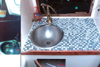 A dark, dreary head compartment doesn’t bear contemplating, top left, but with paint, tiles, and a little brass polish, Cliff turned his into a closet fit for a throne, top right.