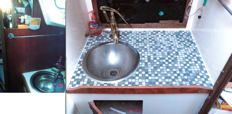 A dark, dreary head compartment doesn’t bear contemplating, top left, but with paint, tiles, and a little brass polish, Cliff turned his into a closet fit for a throne, top right.