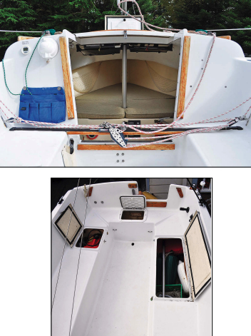 The companionway is wide, at left, but the hatch only slides forward 10 inches. Notable features in the spacious and comfortable cockpit are three lockers and a cutout for the outboard motor in the transom, below left.