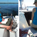 Inexpensive closed-cell-foam pads or cushions have many uses on board. Ruth Penticoff has a soft perch in the companionway, top of page, and settles in for a well-propped read, above.