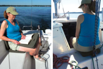 Inexpensive closed-cell-foam pads or cushions have many uses on board. Ruth Penticoff has a soft perch in the companionway, top of page, and settles in for a well-propped read, above.