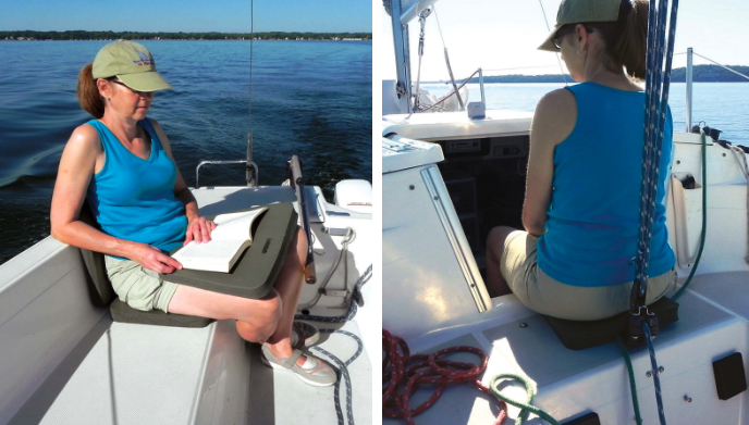 Inexpensive closed-cell-foam pads or cushions have many uses on board. Ruth Penticoff has a soft perch in the companionway, top of page, and settles in for a well-propped read, above.