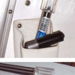Solar-powered LED landscape lights have many “off label” uses on board. Allen sets this one in the winch-handle pocket during the day to charge, then uses it in the cabin as a night light.