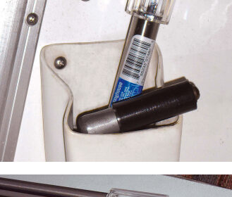 Solar-powered LED landscape lights have many “off label” uses on board. Allen sets this one in the winch-handle pocket during the day to charge, then uses it in the cabin as a night light.