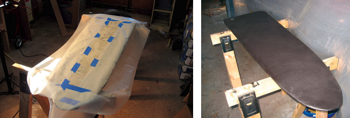 Nathan had a metalworking shop sandblast the centerboard. He then coated it with POR-15 rust-preventive paint and epoxy barrier coats and faired it, using wax paper to wrap and form fairing compound around the edges, at left. Two coats of bottom paint, at right, finished the job.