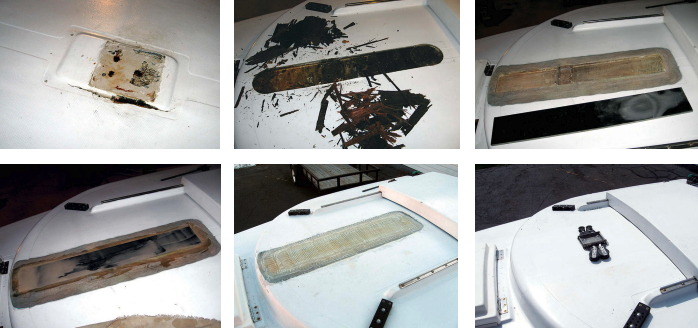 The cabintop mast step on Nathan’s Mariner was collapsing, upper left, due to a rotten plywood deck core beneath it, upper center. He cut out the plywood, ground the area clean, and replaced it with carbon-fiber G10 material, upper right. After epoxying the G10 in place, above left, he fiberglassed over it, above center, then faired and painted it. With the mast step back in place, above right, it was as good as new, but stiffer.