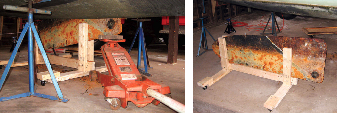 The 165-pound centerboard was covered in rust and presented a challenge. However, Nathan’s ingenuity in building a trolley on casters, and muscle in the form of a floor jack, at left, enabled him to extract it and move it around for sandblasting and painting, at right.