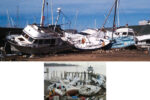 When he first saw her after Hurricane Sandy had passed, Alan Vieiro’s Watkins 27, Jolly Blue, at top, was wedged between others at the boatyard. He said, “She appears to be OK with her mast and rigging still in one piece, her rudder whole and not bent, and no significant hull damage. She is a sturdy, well-built boat and I am hopeful that, once back up on stands, she will be OK.” Vadym Telpis found only the keel and parts of the deck of his boat among the piles of boats and pieces at The Raritan Yacht Club, above.