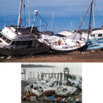 When he first saw her after Hurricane Sandy had passed, Alan Vieiro’s Watkins 27, Jolly Blue, at top, was wedged between others at the boatyard. He said, “She appears to be OK with her mast and rigging still in one piece, her rudder whole and not bent, and no significant hull damage. She is a sturdy, well-built boat and I am hopeful that, once back up on stands, she will be OK.” Vadym Telpis found only the keel and parts of the deck of his boat among the piles of boats and pieces at The Raritan Yacht Club, above.