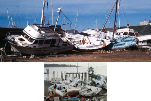 When he first saw her after Hurricane Sandy had passed, Alan Vieiro’s Watkins 27, Jolly Blue, at top, was wedged between others at the boatyard. He said, “She appears to be OK with her mast and rigging still in one piece, her rudder whole and not bent, and no significant hull damage. She is a sturdy, well-built boat and I am hopeful that, once back up on stands, she will be OK.” Vadym Telpis found only the keel and parts of the deck of his boat among the piles of boats and pieces at The Raritan Yacht Club, above.