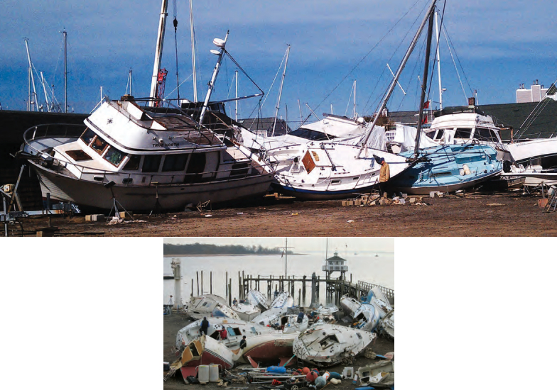 When he first saw her after Hurricane Sandy had passed, Alan Vieiro’s Watkins 27, Jolly Blue, at top, was wedged between others at the boatyard. He said, “She appears to be OK with her mast and rigging still in one piece, her rudder whole and not bent, and no significant hull damage. She is a sturdy, well-built boat and I am hopeful that, once back up on stands, she will be OK.” Vadym Telpis found only the keel and parts of the deck of his boat among the piles of boats and pieces at The Raritan Yacht Club, above.