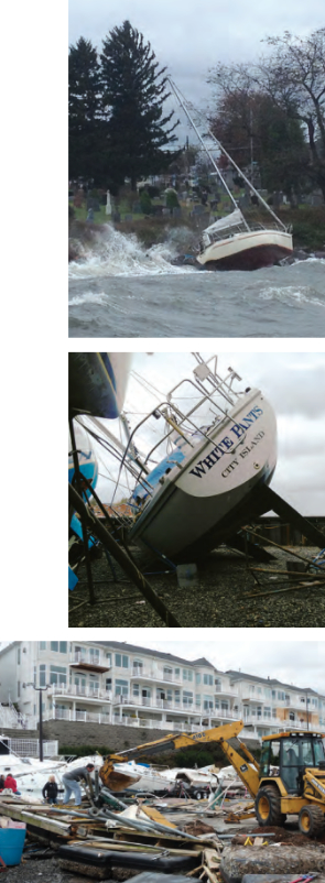 Paul Athens sent this photo of a Cal 9.9 that broke away from its mooring in Hurricane Sandy and wound up quite literally in the graveyard, top right. By the next day all that was left was the mast and keel. Paul’s own boat, White Pants, a 1982 Catalina 30, was declared a total loss, center right. The cost to straighten the keel, replace the bowsprit, and re-rig her exceeded 75 percent of her insured value and the yard bought her for salvage and resale (and, we hope, re-sail). One year later, she has been restored and is waiting for her next owner. Stewart Wickstein sent photos of damage at the Raritan Yacht Club in Perth Amboy, New Jersey. Founded in 1865, it is one of the oldest yacht clubs in the USA, bottom right.