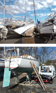 Cliff Moore photographed the scenes of destruction at Morgan Marina, at right, in Sayreville, on the New Jersey shore of Raritan Bay, which is off New York’s Lower Bay. As for his own boat, Pelorus, a Paceship PY26, below right, he reported, “My boat was right where I left her, but a flatbed truck parked 5 or 6 feet away had been shoved into her side and abraded five holes in the side, some the size of my hand. Something hit the stern pulpit and damaged the ladder mounting bracket. There was water inside but not up to the cushions. I was very, very lucky. “