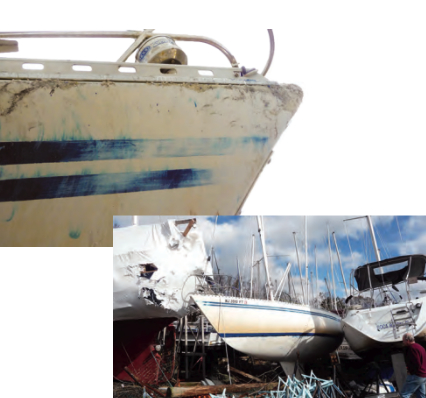 Stewart Wickstein’s insurance company sent him a check for the insured value less 5 percent of his Comfortina 32, Thalassa, above and detail, and a friend is repairing her. This year he is enjoying life aboard once more on a 1990 Beneteau 32s5.