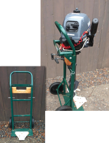 The outboard clamps to a 2 x 4 that’s notched so the motor’s bracket clears the truck’s crossbar. David fastened the board with a lag bolt at each end through the truck frame. The metal plate extends the truck’s foot to prevent the rig from tipping.