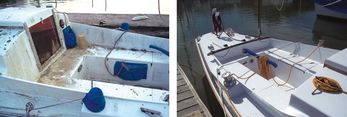 A great variety of wildlife, from fungus to plants and from insects to birds, had colonized the boat as it sat untended, at left. Undaunted, Peter, with his vast experience restoring boats of all sorts, set to with cleaners, sandpaper, and paint. The result, at right, is spectacular.
