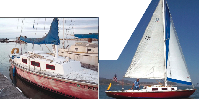 Seeing Ramona today, at top, who would think she was the same boat as the sad, moldering (but still elegant) hulk, inset, Peter found in his home marina?