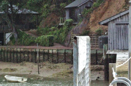 Jerry Powlas wanders down the jetty in front of Lin and Larry Pardey’s hillside home on Kawau Island, New Zealand.