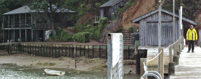 Jerry Powlas wanders down the jetty in front of Lin and Larry Pardey’s hillside home on Kawau Island, New Zealand.