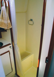 Adjacent to the head, the Pearson 365 has a separate shower stall, which is unusual on a boat of this size and period. It’s justified by 150 gallons of water in three tanks.