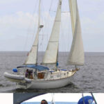 A low-aspect, well-balanced sail plan enables the Pearson 365 ketch to stand up in a blow, above. Lindsey Sailors, at left, and her husband, Don, command their Schurr Thing from an elevated custom swiveling helm seat.