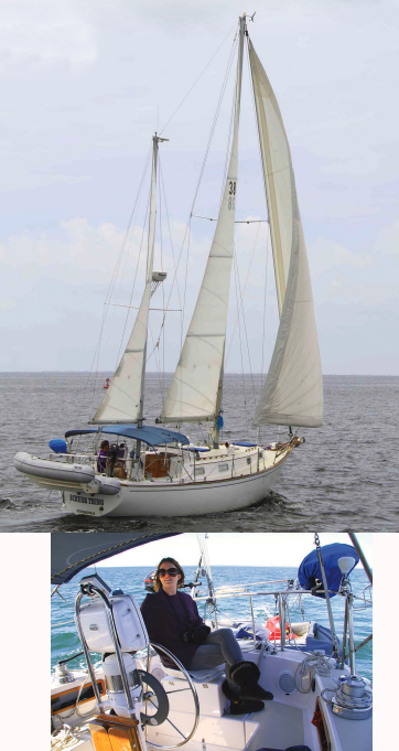 A low-aspect, well-balanced sail plan enables the Pearson 365 ketch to stand up in a blow, above. Lindsey Sailors, at left, and her husband, Don, command their Schurr Thing from an elevated custom swiveling helm seat.