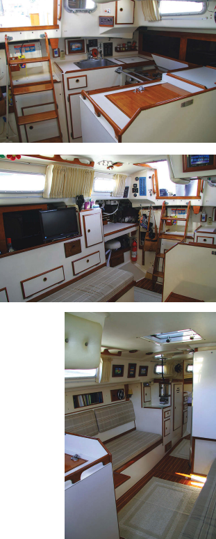 The U-shaped galley, top right, has a three-burner propane stove in the center, a huge icebox, a single sink, and a clever storage area above the icebox. The starboard settee, middle right, pulls out to form a double berth. Above it is a pilot berth, which on Schurr Thing has been converted to accommodate a television and an air-conditioning system, and aft is a spacious nav desk. A pullout settee on the port side, bottom right, faces a dinette table that folds up to the starboard bulkhead. The propane heater was on the original list of options.