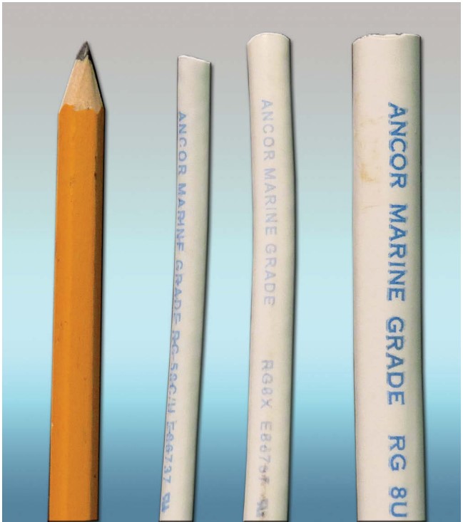 In general, the greater the cable’s diameter, the better the results. However, not all coax cable is made the same, and practical considerations may require the use of a smaller-diameter cable than would be ideal. The RG-8U (at the far right) has been replaced by RG-213.