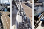 Chest-high lifelines (actually waist-high at the cockpit) act like railings and can be clipped onto with a safety harness, left. A D-ring seized to the shroud acts as a guide. The aft end of the chest-high lifeline has a pelican hook that clips into a ring attached to the stern pulpit with Spectra loops, center. A piece of Rescue Tape rolled into a rubbery band is rolled over the opening part of the pelican hook for safety. The main halyard (red), topping lift (blue), and boom vang control (middle) are led back to the cockpit, right. The staysail sheet is to the far left. Tails of lines that are not being used are stowed in a small canvas bag lashed to the dodger strut.