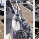 Chest-high lifelines (actually waist-high at the cockpit) act like railings and can be clipped onto with a safety harness, left. A D-ring seized to the shroud acts as a guide. The aft end of the chest-high lifeline has a pelican hook that clips into a ring attached to the stern pulpit with Spectra loops, center. A piece of Rescue Tape rolled into a rubbery band is rolled over the opening part of the pelican hook for safety. The main halyard (red), topping lift (blue), and boom vang control (middle) are led back to the cockpit, right. The staysail sheet is to the far left. Tails of lines that are not being used are stowed in a small canvas bag lashed to the dodger strut.