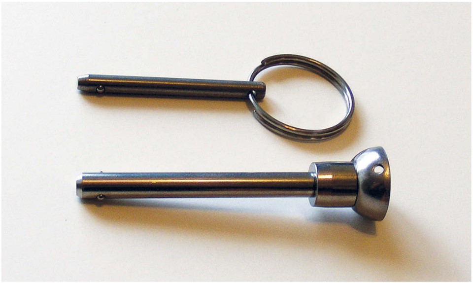 The Fastpin (top) and Ball-Lok pin (bottom) could both use tethers. Notice the handy hole in the Ball-Lok pin.
