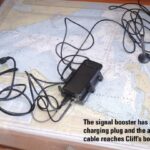 The signal booster has a USB charging plug and the antenna cable reaches Cliff’s boom.