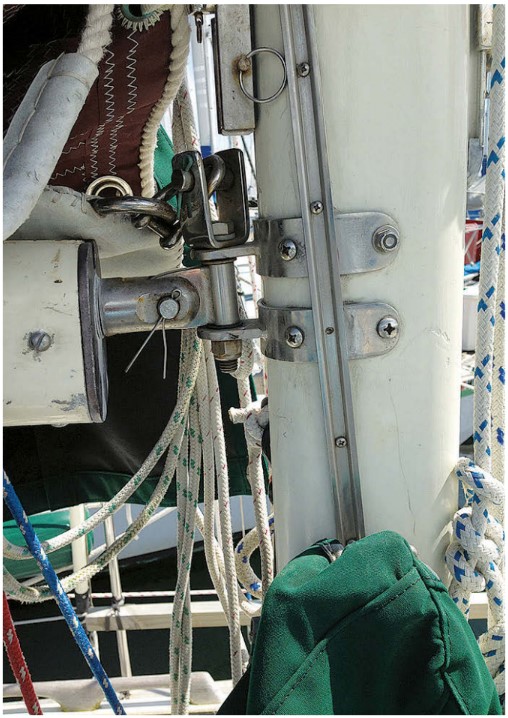 When a storm trysail has its own track next to the mainsail track, it can be kept hanked on and in a special bag at the base of the mast.