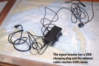 The signal booster has a USB charging plug and the antenna cable reaches Cliff’s boom.