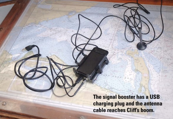 The signal booster has a USB charging plug and the antenna cable reaches Cliff’s boom.