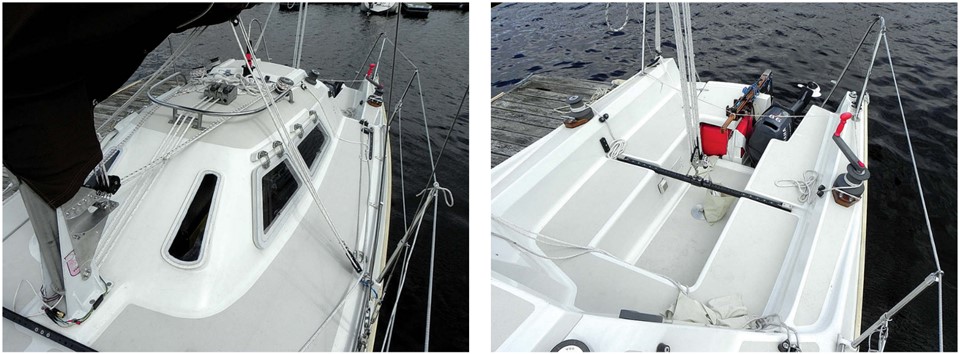 Because the Mega 30’s original wraparound windows tended to leak, Jerry replaced them with fixed and opening portlights of his own design, at left. He also fitted five winches on the cabintop. The mainsheet traveler divides the cockpit, at right. The double tackle (another Jerry addition) is handy to the helmsman.