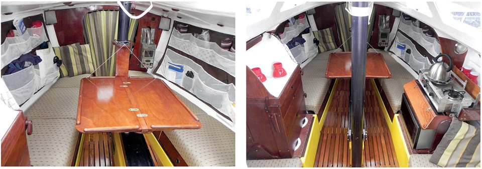 Jerry made a folding saloon table that pivots around the compression post, at left. It can be used as extra counter space for the galley or for dining, at right. The boat originally lacked storage space for cruising, so Karen made net hammocks that fit behind the saloon settees.