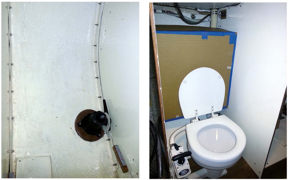 After gutting the head compartment, Ric fitted new bulkheads and a Marelon through-hull valve, at left. He made the cardboard mock-up for the tank after fitting the new head, at right.