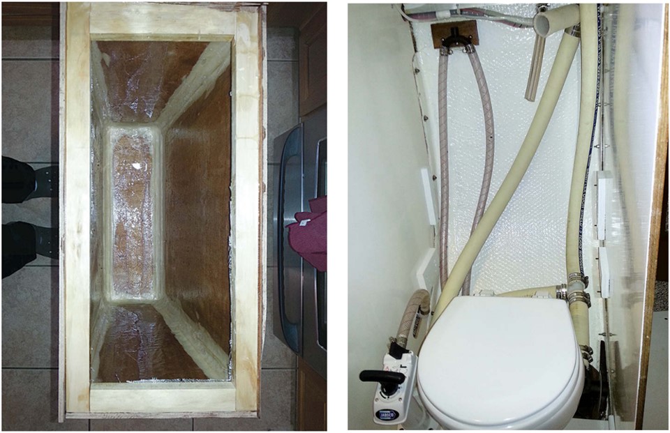 With the back in place, the tank was almost complete, at left. Ric installed all the hoses prior to mounting the tank, at right. The tee fitting in the discharge permits use of a deck pumpout.