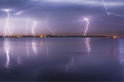 Photo of a lightning storm over water