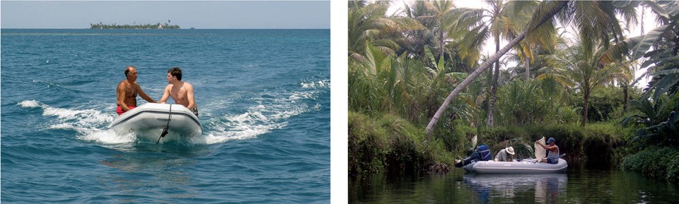 In Belize’s Queen Cayes, at left, this 9-footer shows that a RIB can get on a plane even when carrying two large men. In the remote San Blas Islands, at right, cruisers use their dinghies to transport them far enough upriver into fresh water to do their laundry.