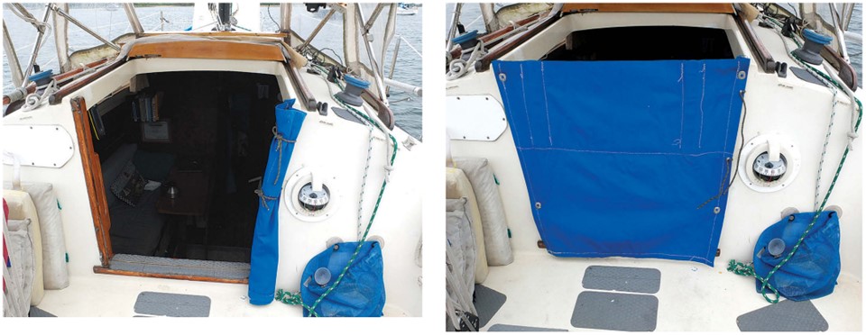A canvas companionway closer is easier to stow than rigid dropboards. Cliff simply unsnaps his and ties it off to one side, at left. A couple of battens stiffen the upper half, at right.