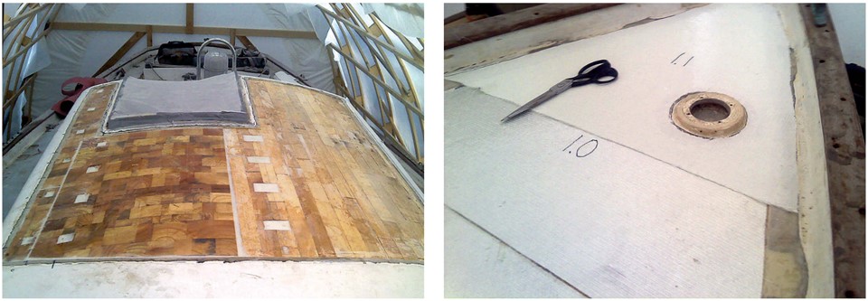 Matt installed new end-grain balsa core on the starboard side of the cabintop, at left (the port-side core is original). The white areas are solid glass for through-deck fittings. Matt overlapped the layers of fiberglass fabric so the butts would be staggered throughout the laminate, at right.