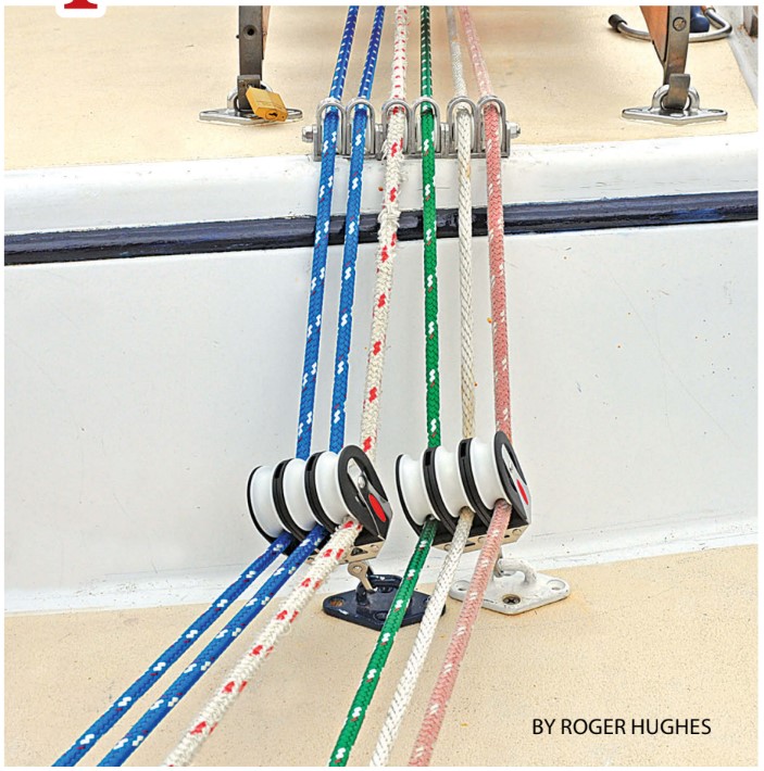 On the port side of the Down East 45, three lines lead up from the foredeck onto the forward coachroof, where they meet three more lines and go up and over the saloon coachroof. Despite the many direction changes, the lines run smoothly through Roger’s over-the-top blocks.